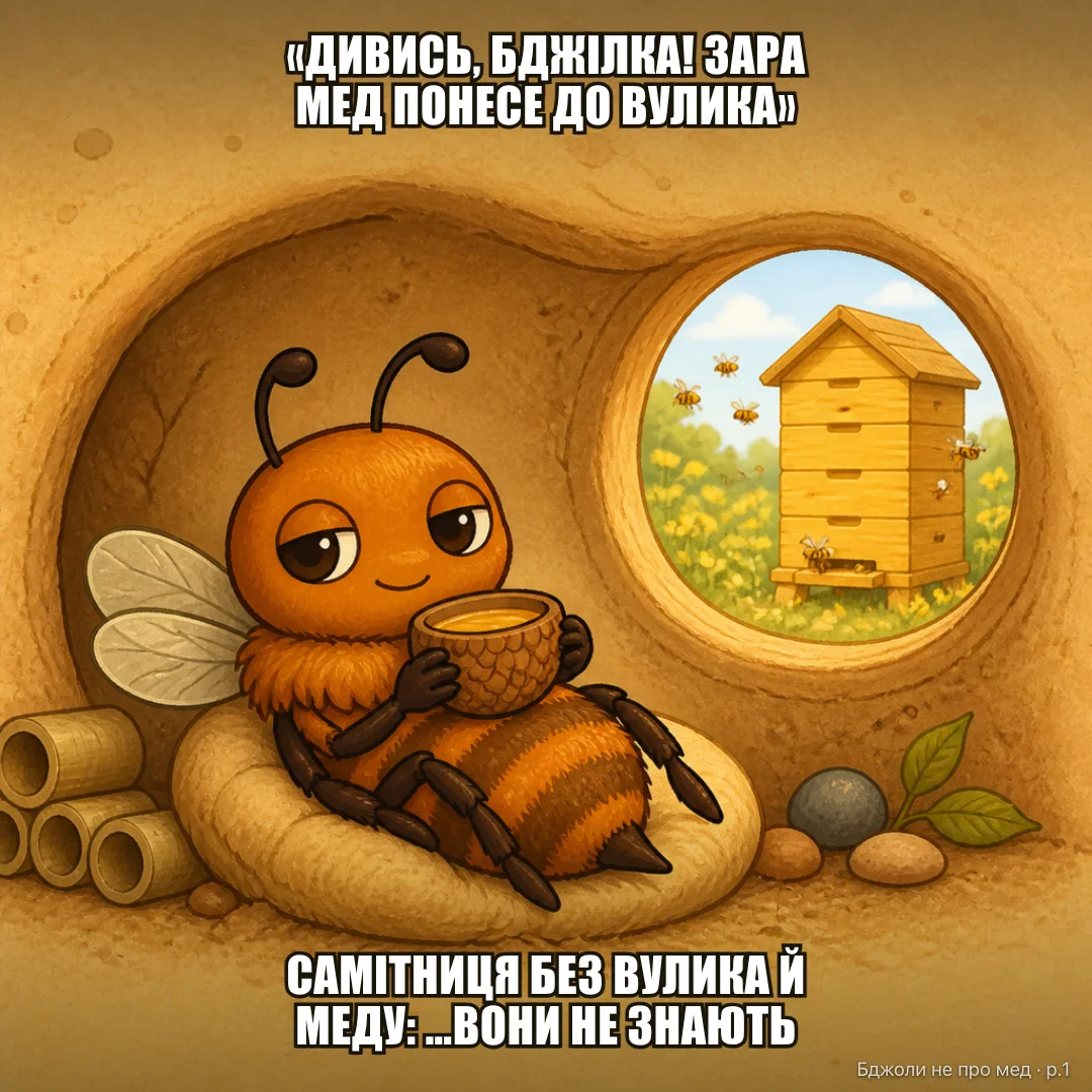 «Вони не знають…»: Тітка на грядках, тицяючи пальцем у бджолу на кульбабці: «Дивись, бджілка! Зара мед понесе до вулика!» Бджола (насправді самітниця: без вулика, без матки, без єдиної краплі меду за життя): 👁️👄👁️ вони не знають