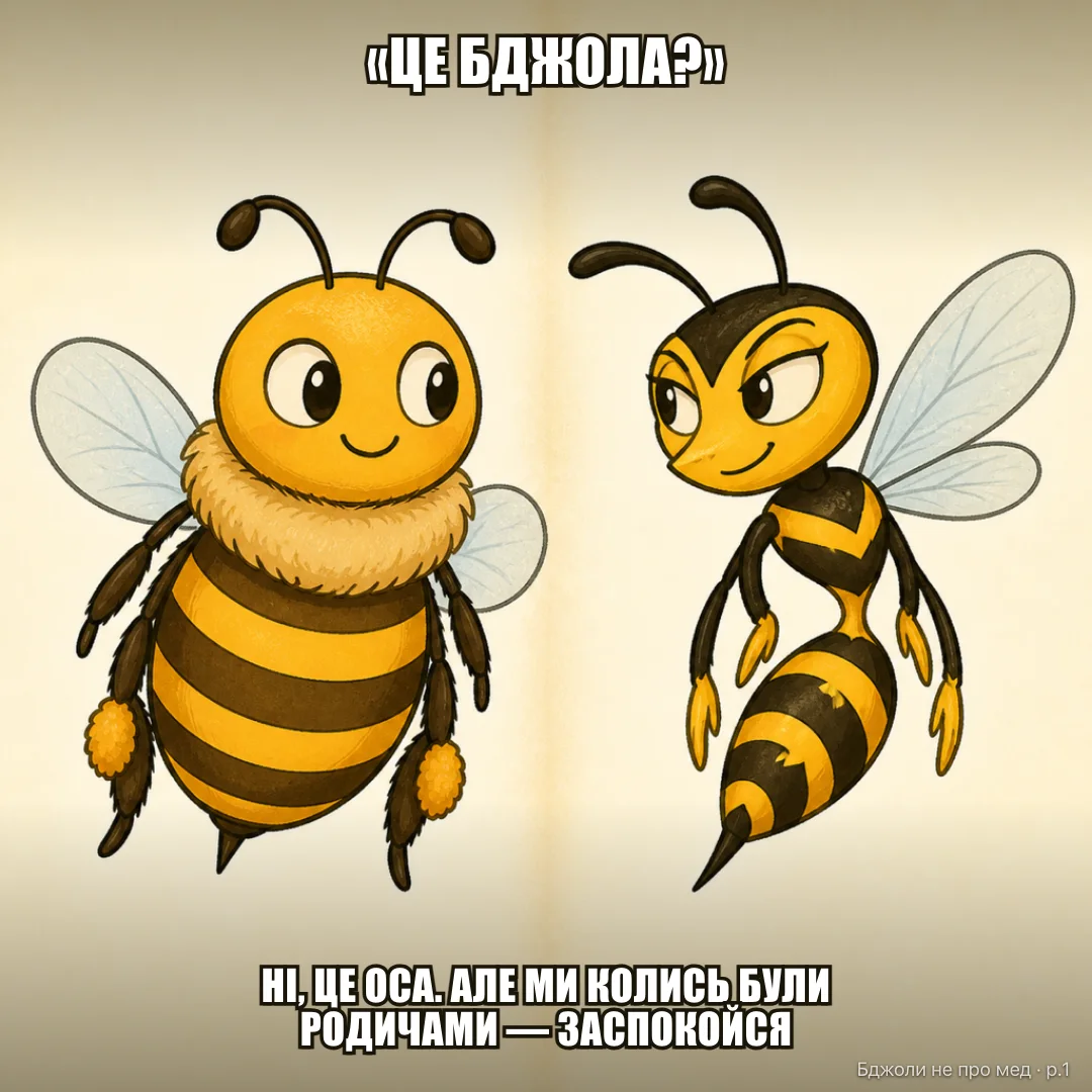 «Це бджола?»: Чоловік на шашликах, відмахуючись від оси: «...це бджола?» Оса: «Технічно, кілька мільйонів років тому — так. Мої предки полювали на комах, а потім хтось перейшов на пилок. Той хтось — твоя «бджілка». Ми родичі, заспокойся»