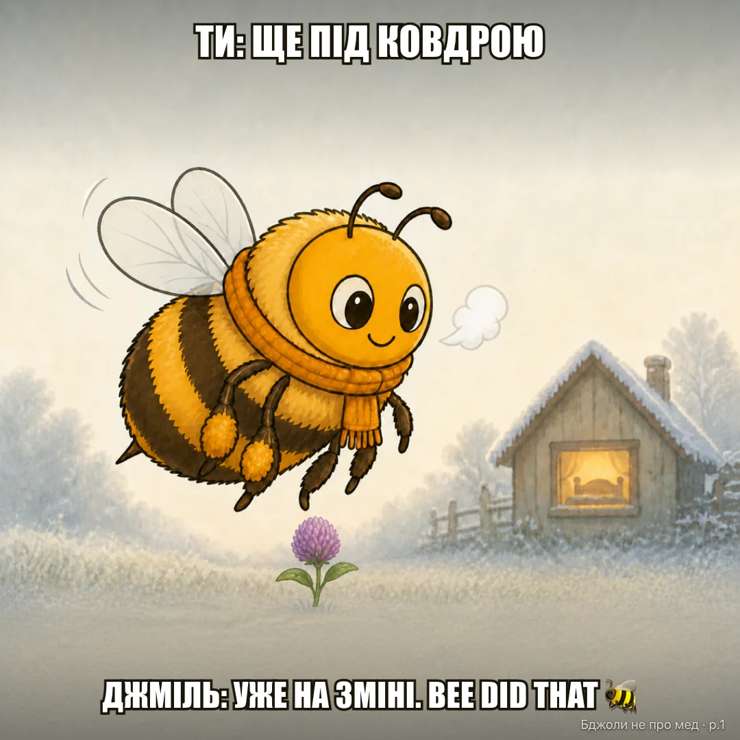Bee did that: Засніжений сад, +1°C. Ти: ще під ковдрою. Джміль: вже на зміні. BEE DID THAT 🐝