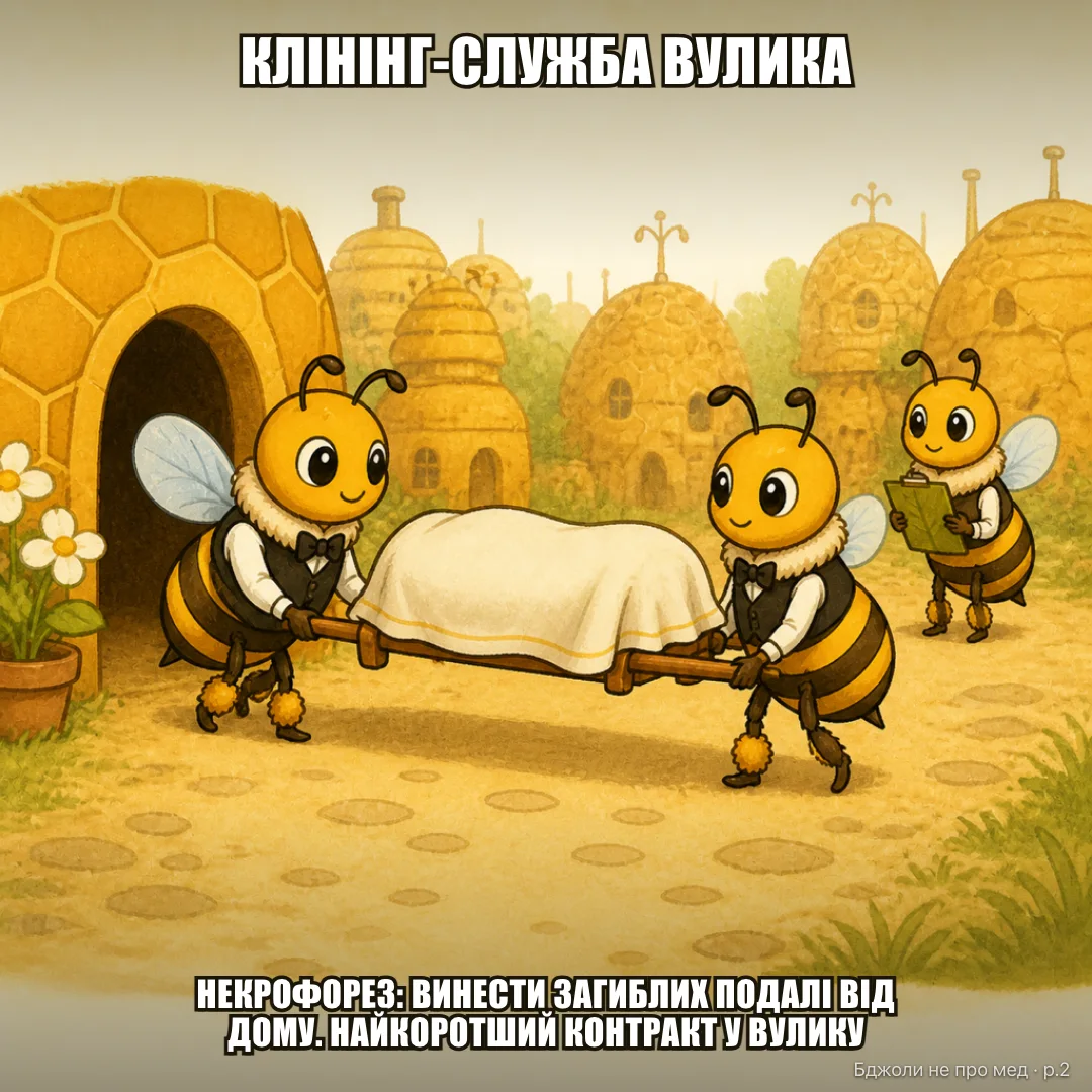 Словник-пародія: НЕКРОФОРЕ́З, -у, ч. 1. Клінінг-служба вулика: виносить тіла загиблих подалі від дому. 2. Найкоротший «контракт» у вулику — штат близько 1% населення, і надовго тут не затримуються.