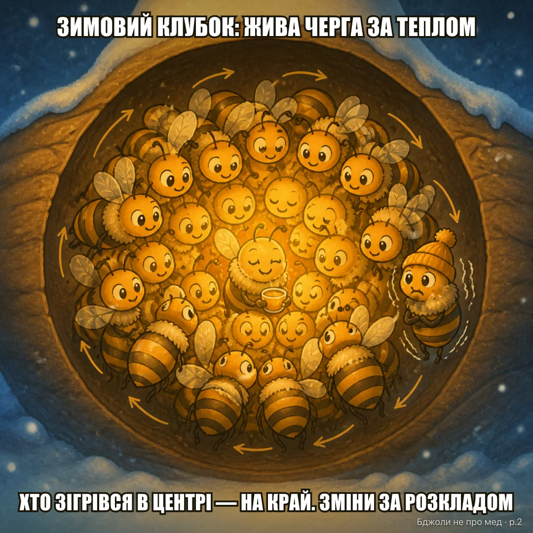 Мем-історія: 1: «Я з краю. Мінус... тримаюсь» 2: «Ще трохи. Черга рухається» 3: «Хто в центрі — на вихід, тепер моя черга» 4: «Тепло. Дожила. Наступна зміна — за розкладом»