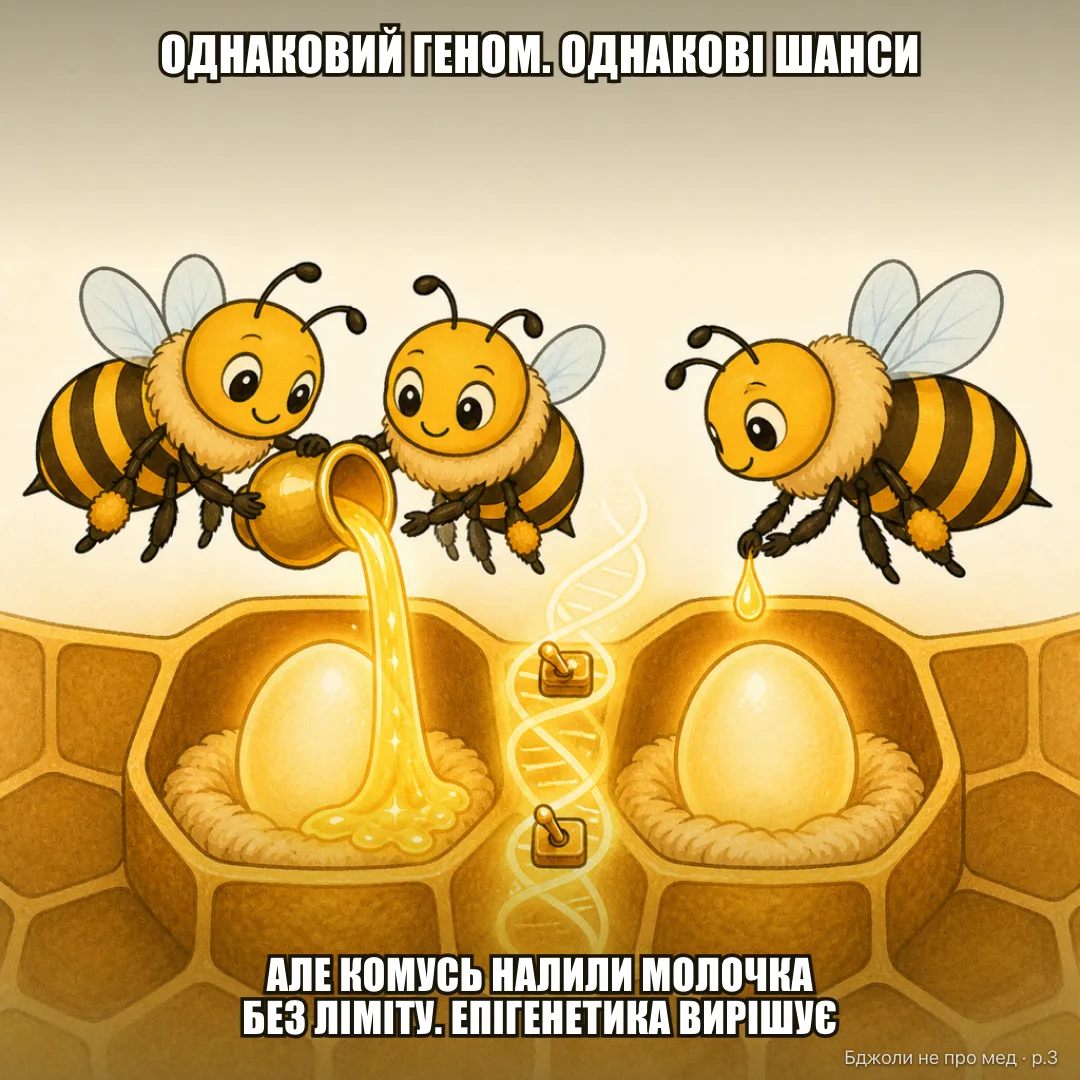 Мем-історія: 1: «Жужа й сусідка через комірку. Однаковий геном. Один день народження. Поки що — однакові шанси» 2: Сусідці — маточне молочко без обмежень. Жужі — стандарт. «Агов, а мені добавки?» — «У тебе вже норма. Наступна!» 3: «Це не про смак їжі. Молочко вмикає і вимикає гени — рішення приймає епігенетика» 4: Сусідка виходить з короною. Жужа — з мітлою. «Матка: 2–5 років і власний вулик. Жужа: 5–6 тижнів, починаючи з прибиральниці»