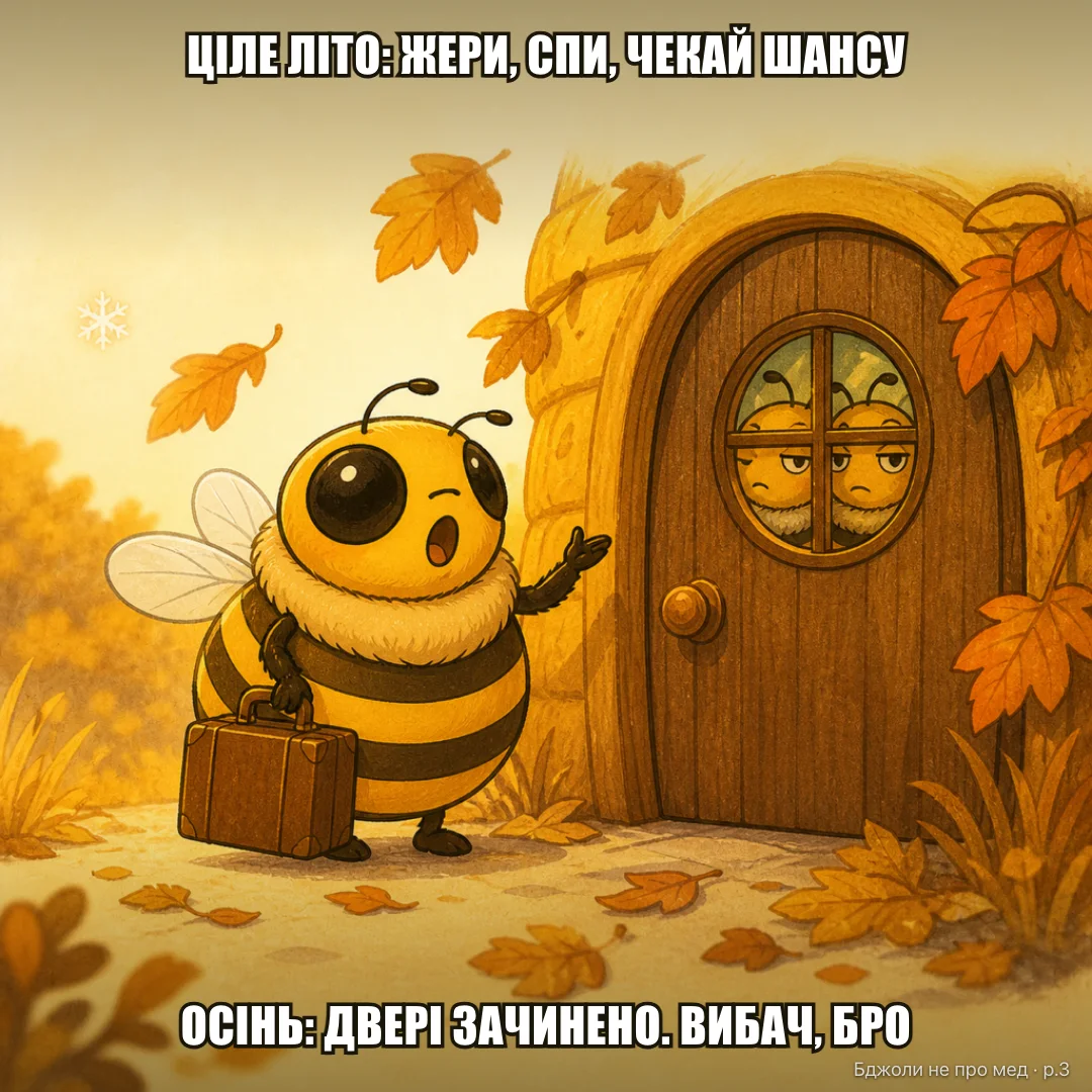 Поява лиходія: 1: «Ціле літо: жери, спи, чекай шансу спаритися. Жала нема — та й нема потреби» 2: «Наближається осінь. Запаси на зиму підраховано» 3: «ЗЛОВІСНИЙ ПОВОРОТ: тебе виганяють з вулика. Двері зачинено» 4: «Зайвий рот перед зимою. Вибач, бро»