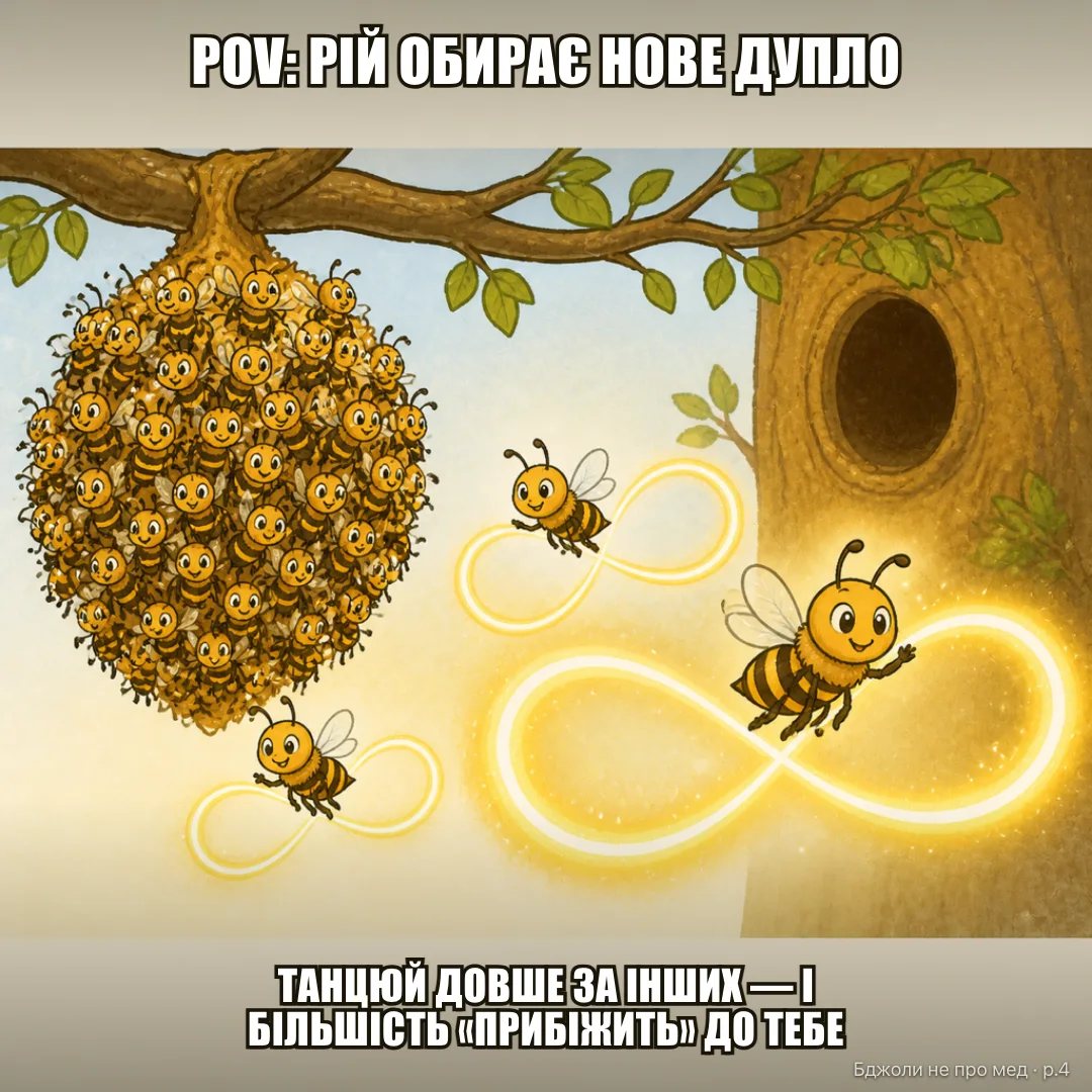POV: POV: рій обирає нове дупло. Замість зборів і «хто за, хто проти» — ти просто танцюєш довше й енергійніше за інших, поки більшість не «прибіжить» до твого варіанту.