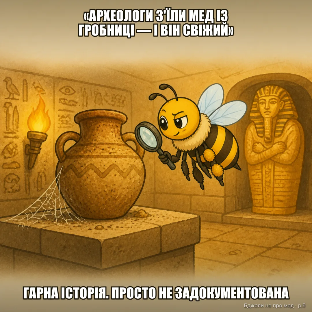 Факт-чек: ЩО КАЖУТЬ В ІНТЕРНЕТІ: «Археологи з'їли мед із гробниці фараона — і він був свіжий!» ЩО КАЖЕ НАУКА: «Гарна історія. Просто нормально не задокументована»