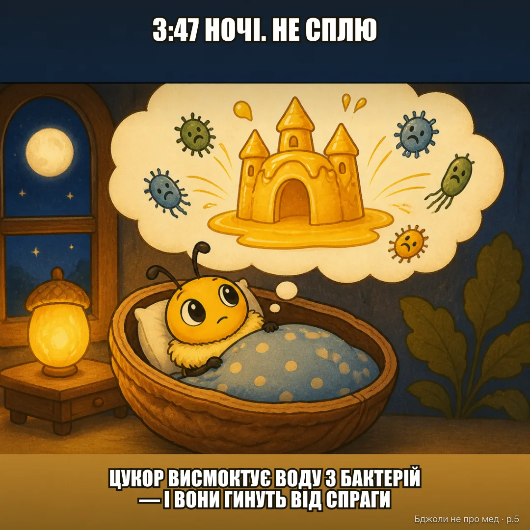 Думки о третій ночі: 3:47 ночі. Не сплю. Думаю про те, що мед не гниє не через магію, а бо цукор буквально висмоктує воду з бактерій — і вони помирають від спраги