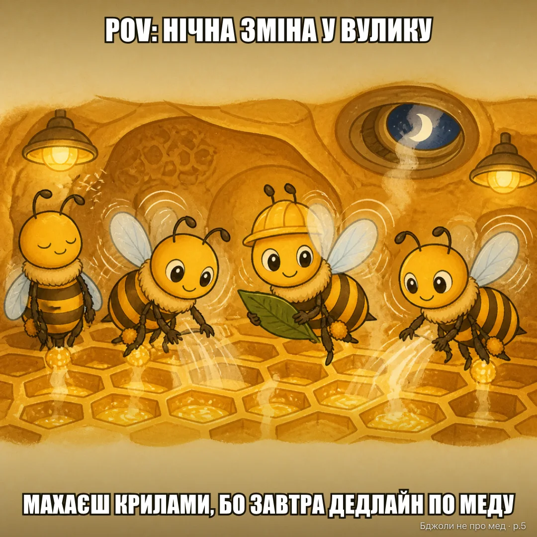 POV: POV: ти на нічній зміні махаєш крилами, щоб випарувати воду з нектару, бо завтра дедлайн по меду