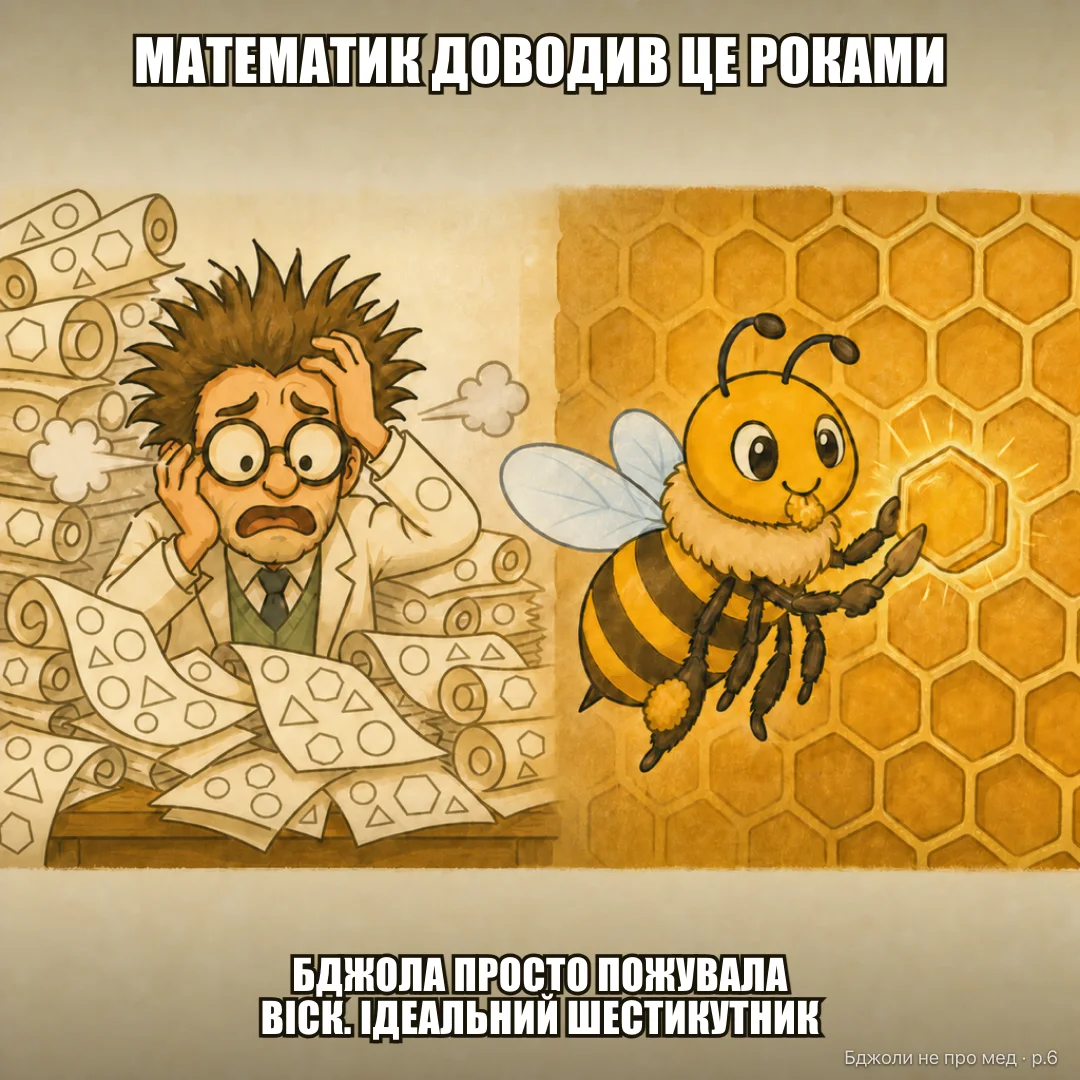 Класичний мем: ІНЖЕНЕР (очі блищать): «У 1999-му математик довів, що шестикутник — найекономніша форма розбиття площини» АРХІТЕКТОР (у сльозах): «А бджола просто пережувала віск — і він сам склався в ідеальний шестикутник»