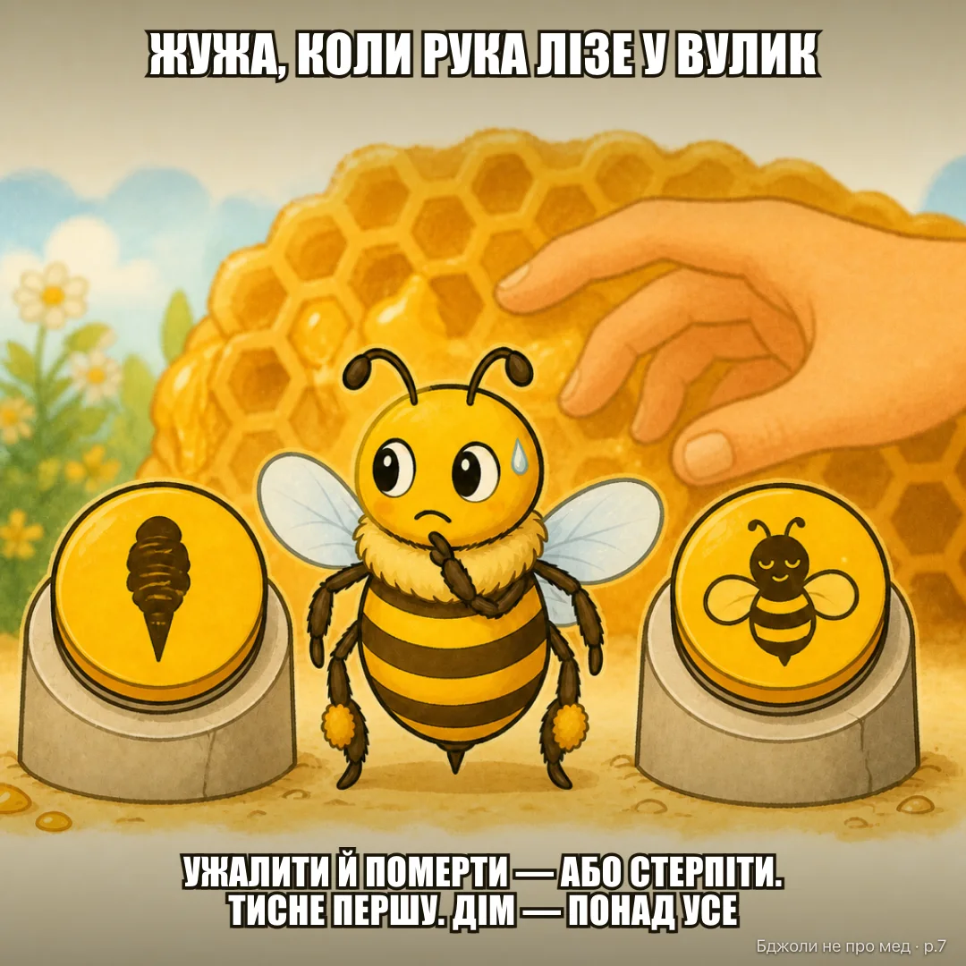 Дві кнопки: ЖУЖА, КОЛИ РУКА ЛІЗЕ ПРЯМО У ВУЛИК (пітніє над кнопками): [ УЖАЛИТИ — І ПОМЕРТИ НАЗАВЖДИ ] [ СТЕРПІТИ — І ЖИТИ ДАЛІ ] (тисне першу)