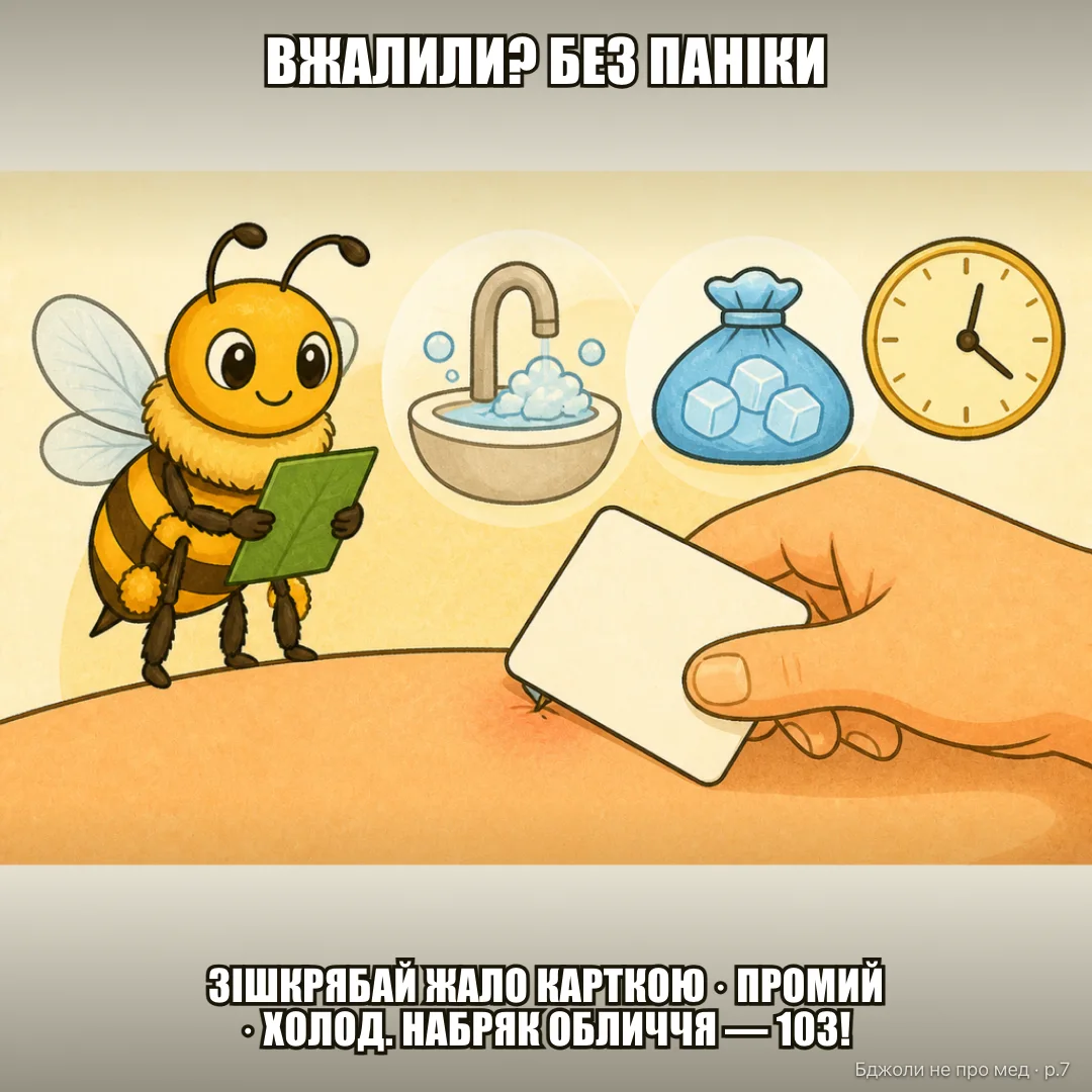 Інструкція: «Вжалили? Спокійно, це не серіал на 5 сезонів» 1. Зішкреби жало нігтем/карткою — НЕ пальцями (не тисни мішечок з отрутою) 2. Промий водою 3. Приклади холод 4. Біль і набряк — норм. Паніка — зайва (набряк обличчя/горла, важко дихати — це вже 103, а не мем)