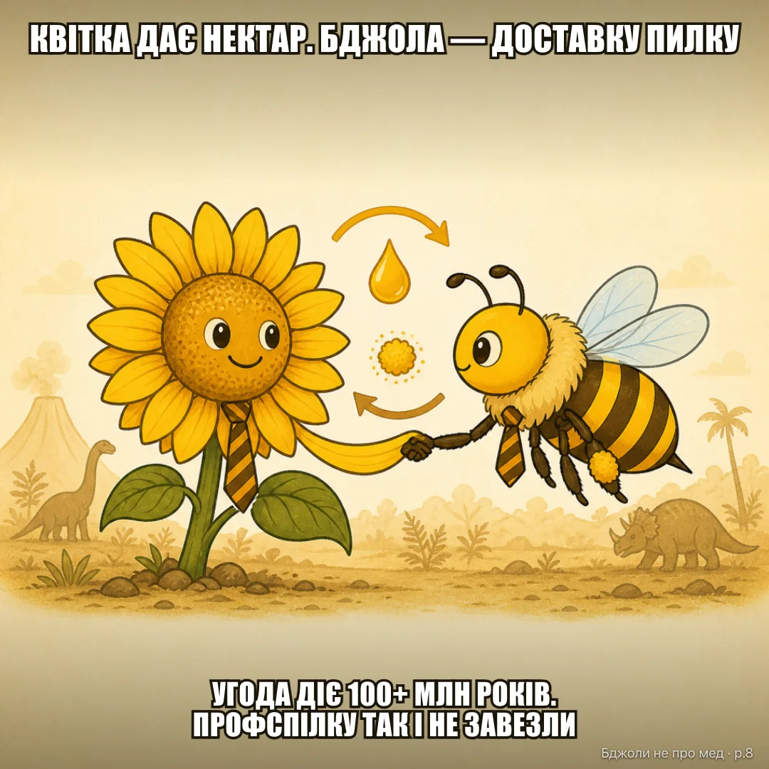 Trade offer: TRADE OFFER КВІТКА: 🌼 нектар (трохи) + пилок на здачу ЖУЖА: 🐝 запилення + гарантований урожай + доставка [ ПРИЙНЯТИ ]  [ ВІДХИЛИТИ — недоступно ] Угода діє: 100+ млн років. Профспілку бджіл так і не завезли.