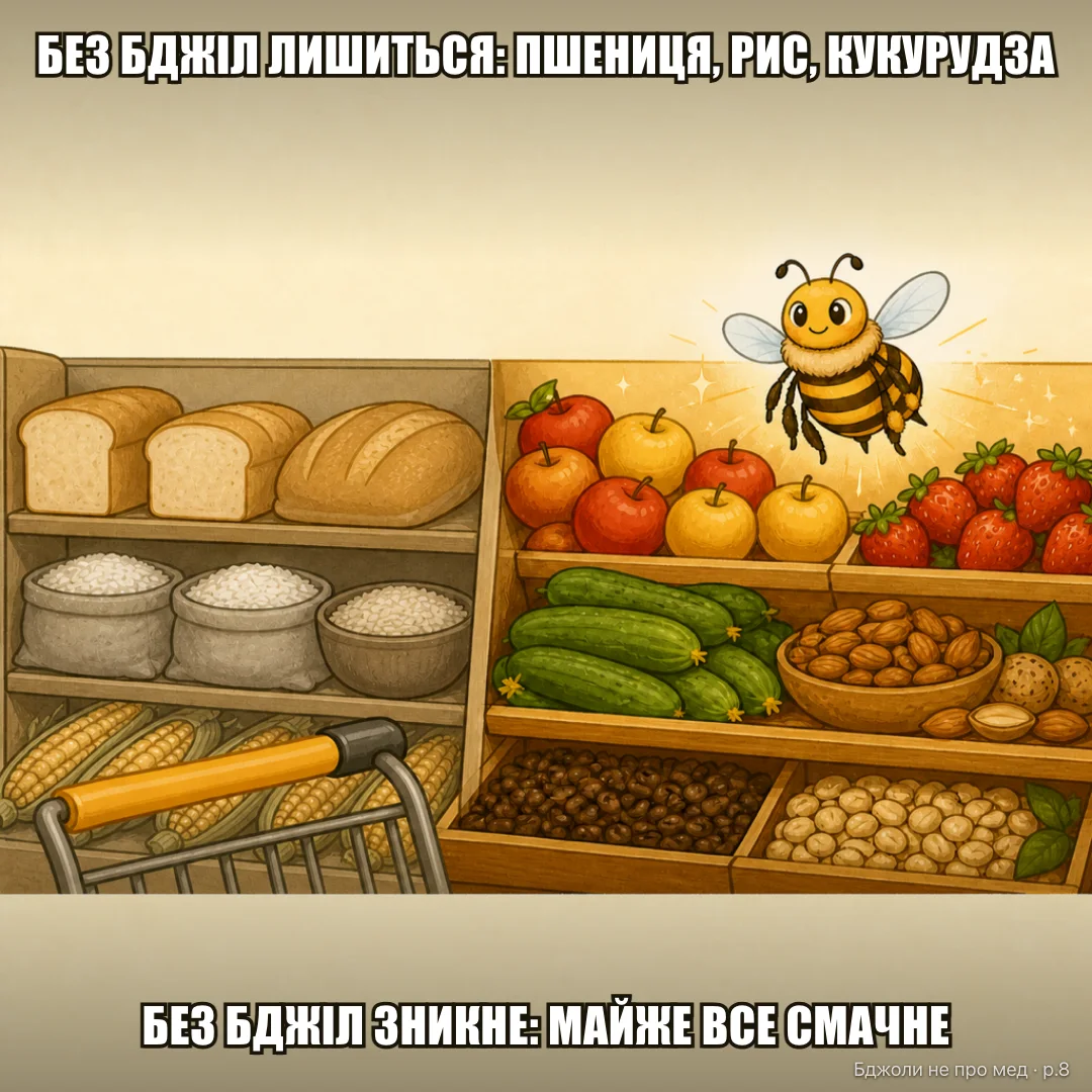 Факт-чек: СЛАЙД 1 (у сторіс): «75% ЇЖІ У СВІТІ ІСНУЄ ЗАВДЯКИ БДЖОЛАМ» 😱 СЛАЙД 2: Це ~75% ВИДІВ культур, залежних від запилення — НЕ 75% калорій СЛАЙД 3: Пшениця, рис, кукурудза — вітрозапильні. Зникне не 75% їжі, а майже все смачне: яблука, мигдаль, огірки, полуниця