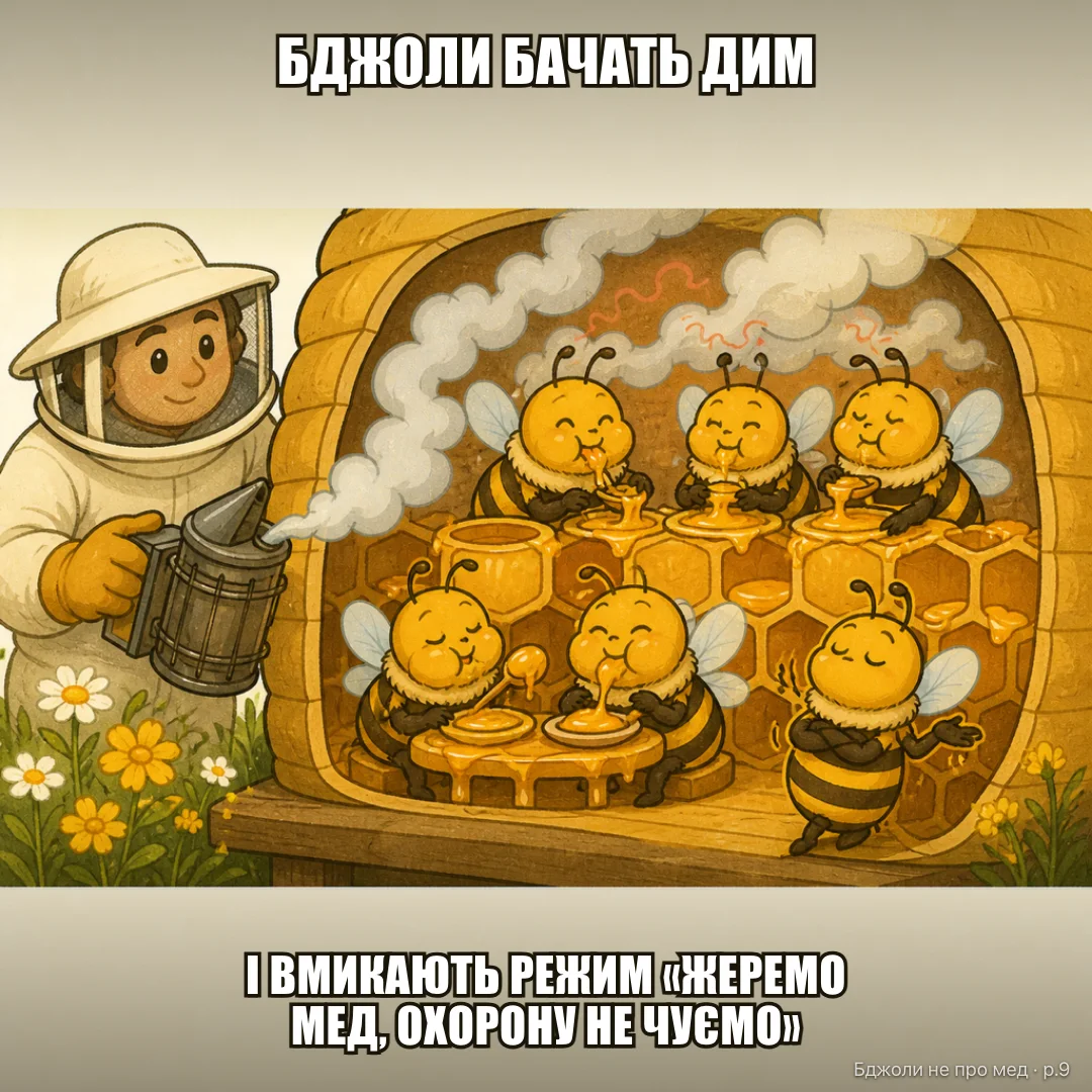 Класичний мем: БДЖОЛИ БАЧАТЬ ДИМ ВІД БДЖОЛЯРА І ЗАМІСТЬ ТРИВОГИ ВМИКАЮТЬ РЕЖИМ «ЖЕРЕМО МЕД ПРО ЗАПАС, ОХОРОНУ НЕ ЧУЄМО»