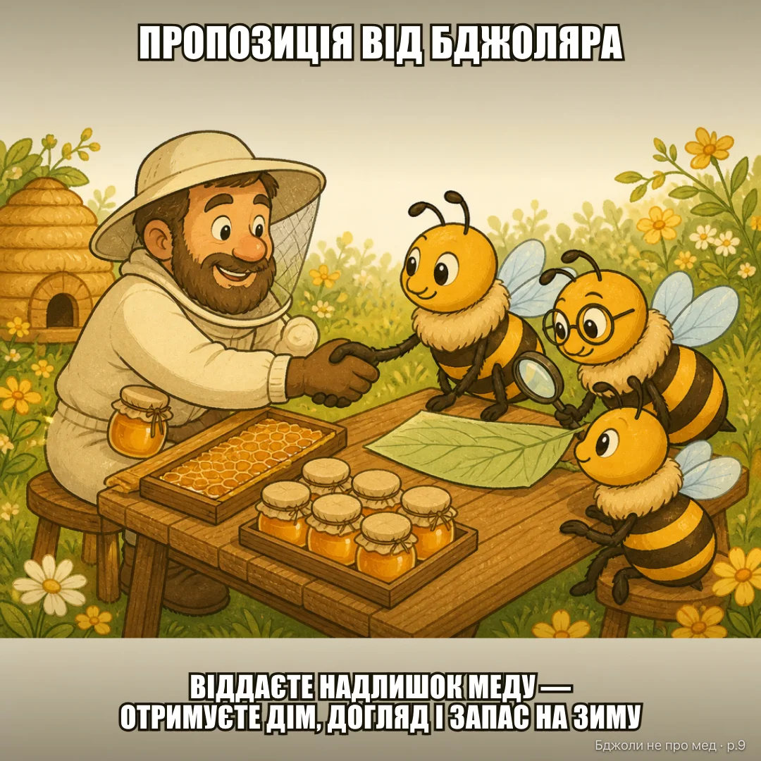 Trade offer: ТОРГОВА ПРОПОЗИЦІЯ від бджоляра Ви віддаєте: надлишок меду (так, навіть із Жужиного вулика) Ви отримуєте: дим в очі раз на сезон і дозвіл дожити до весни (заберу забагато — не переживете зиму. Нічого особистого, просто оренда)