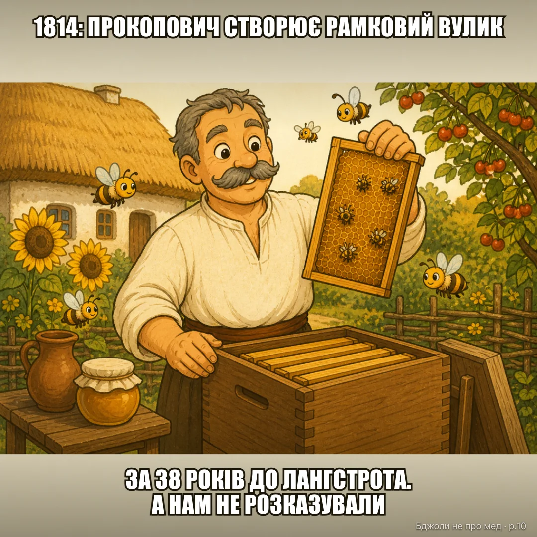 Класичний мем: 1852. ЛАНГСТРОТ ВИНАЙШОВ РАМКОВИЙ ВУЛИК (людина відкладає підручник): «А нам чомусь не розказували, що це ще в 1814-му зробив українець Прокопович. За 38 років до нього»