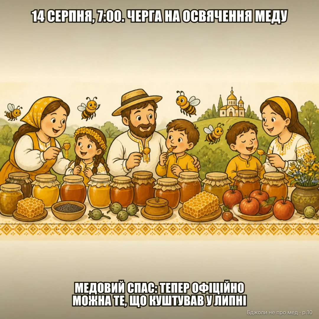 Мем-історія: 1: «13 серпня. Ще один день терпіти» 2 (натовп під церквою на світанку): «14 серпня, 7:00. Черга на освячення меду — довша за передсвяткову в супермаркеті» 3: «— Це не забагато? (бабуся з відром) — Це про запас!» 4: «Медовий Спас. Тепер офіційно можна їсти те, що потайки куштували ще в липні»