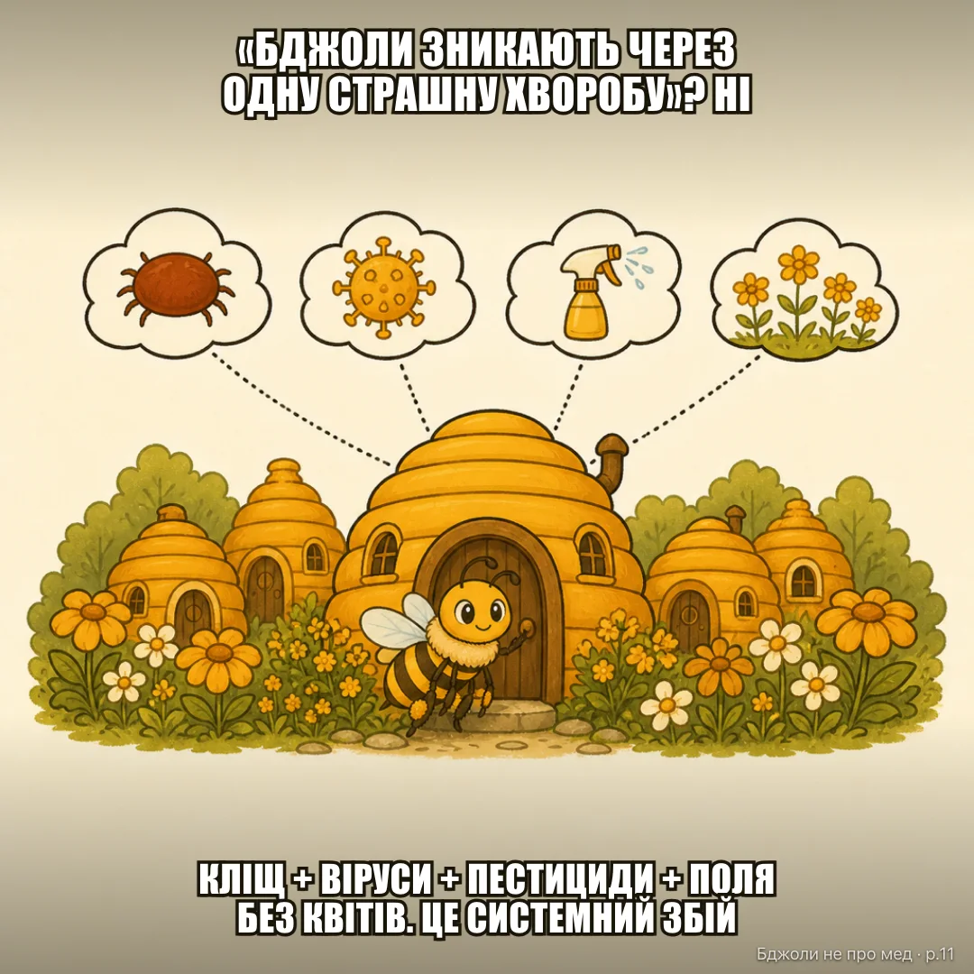 Інфографіка: «Colony Collapse Disorder» звучить як одна страшна хвороба з одним ім'ям. Спойлер: це не вона. кліщ вароа + віруси → пестициди (бджола зі збитим «навігатором») → монокультури (поле без квітів) Один «баг» — це поломка. Тут — системний збій. Тому лікують усю систему. Щорічні втрати сімей у США — ~40% (від 30% до рекордних 55%)