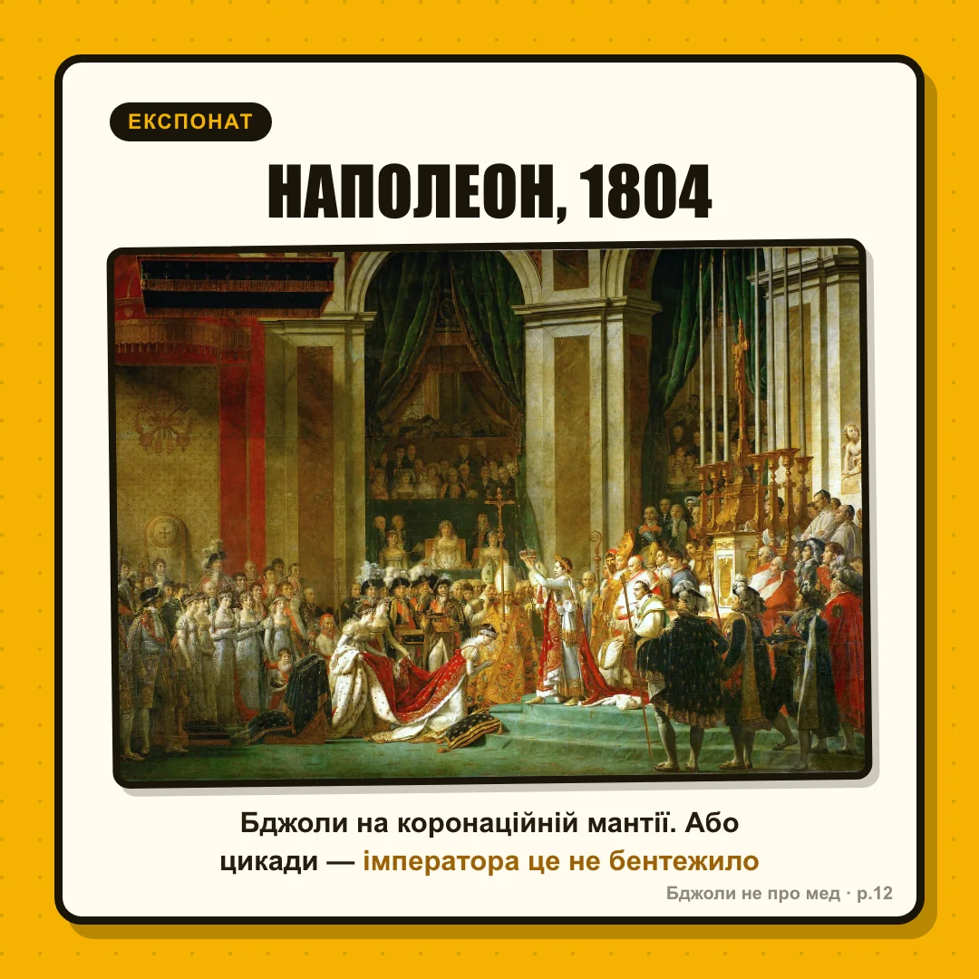 Експонат: НАПОЛЕОН, 1804: КОРОНАЦІЙНА МАНТІЯ (у мантії, вишитій золотими бджолами, дуже гордий вигляд) «Праобраз — золоті комахи з гробниці франкського короля. Ентомологи й досі сперечаються: бджоли це чи цикади. Імператора це не бентежило»